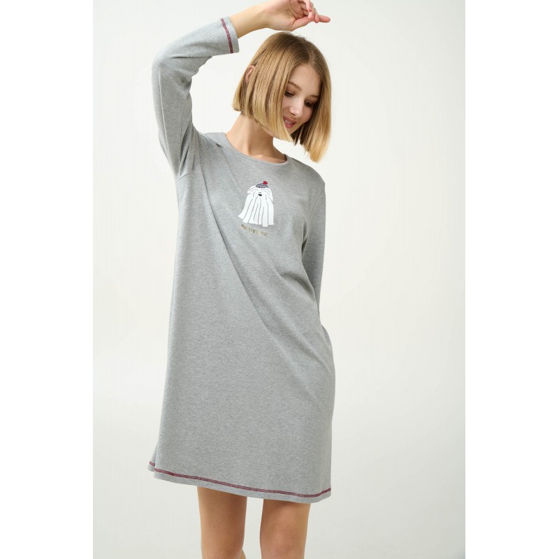Βαμβακερό Χειμερινό Νυχτικό με Τύπωμα GRAY MELANGE (23605-GRAY MELANGE)