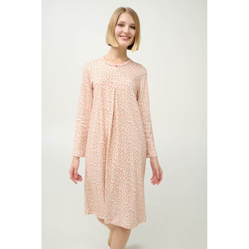 Βαμβακερό Φλοράλ Νυχτικό με Πιέτα PINK TAN (23335-PINK TAN)