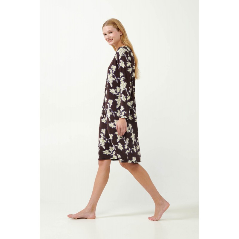Micromodal  Φλοράλ Νυχτικό με Πιέτα BROWN COCOA (21024-BROWN COCOA)