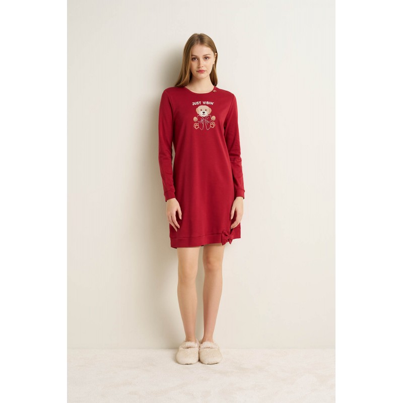Βαμβακερό Νυχτικό με Μακρυ Μανίκι RED KARANDA (25201-RED KARANDA)