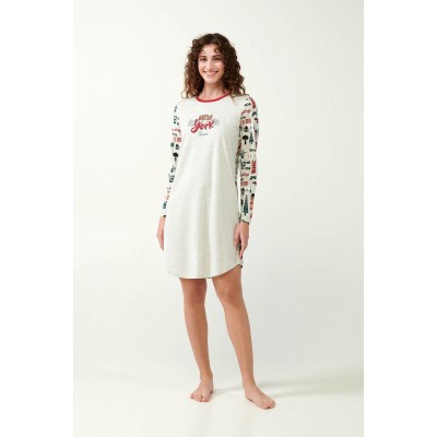 Νυχτικό από Βαμβάκι με Μακρύ Μανίκι BEIGE MELANGE (21654-BEIGE MELANGE)