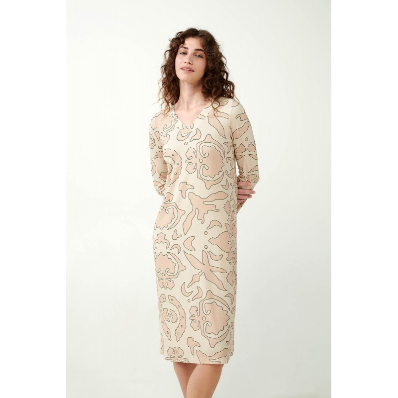 Κουμπωτό Viscose  Νυχτικό με Ανθέμιο Μοτίβο BEIGE (21094-BEIGE)