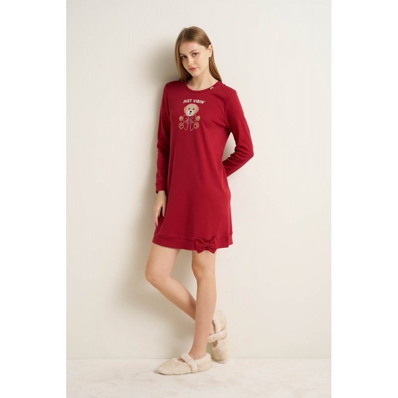 Βαμβακερό Νυχτικό με Μακρυ Μανίκι RED KARANDA (25201-RED KARANDA)