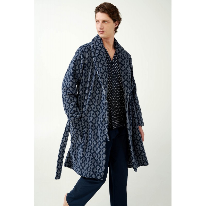 Μακριά Σταυρωτή Fleece Ρόμπα με Γεωμετρικό Μοτίβο Ρόμβων BLUE (21698-BLUE)