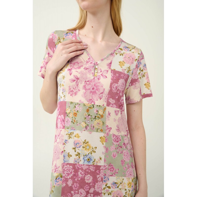 Micromodal Φλοράλ Νυχτικό με Κοντό Μανίκι PINK WOOD (23024-PINK WOOD)