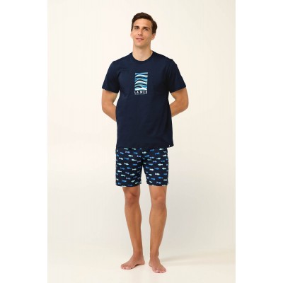 Βαμβακερή Ανδρική Πυτζάμα με Ψαράκια BLUE (22640-BLUE)