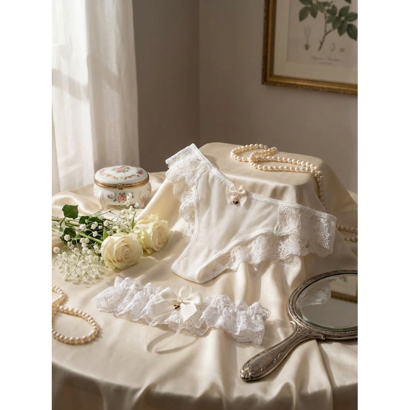 Νυφική Συσκευασία Δώρου με Δαντελένιο Σλιπ Μπραζίλ και Καλτσοδέτα με Ματάκι - Λευκό (Set8354_1079-Λευκό)