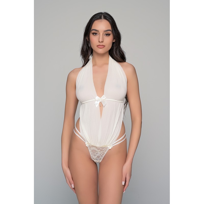 Body String με Ύφασμα Πλισέ και Δαντέλα - Ιβουάρ (002490-Ιβουάρ)