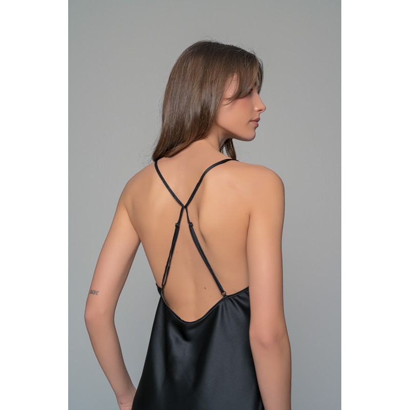 Μάξι Σατέν Φόρεμα Σετ με String - Μαύρο (003449-Μαύρο)