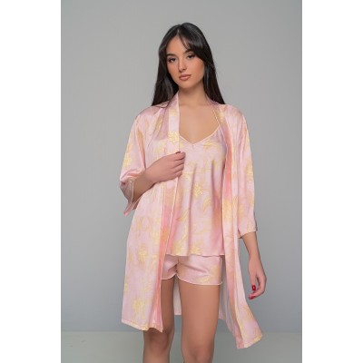 Σατέν Φλοράλ Σετ Babydoll με Ρόμπα - Ροζ (Set4200_5366-Ροζ)
