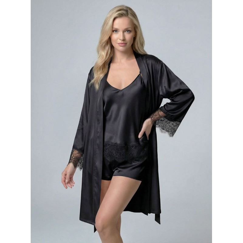 Σετ με Σατέν Ρόμπα και Babydoll με Σορτς - Μαύρο (Set4207_5378-Μαύρο) Σετ με Σατέν Ρόμπα και Babydoll με Σορτς - Μαύρο (Set4207_5378-Μαύρο)