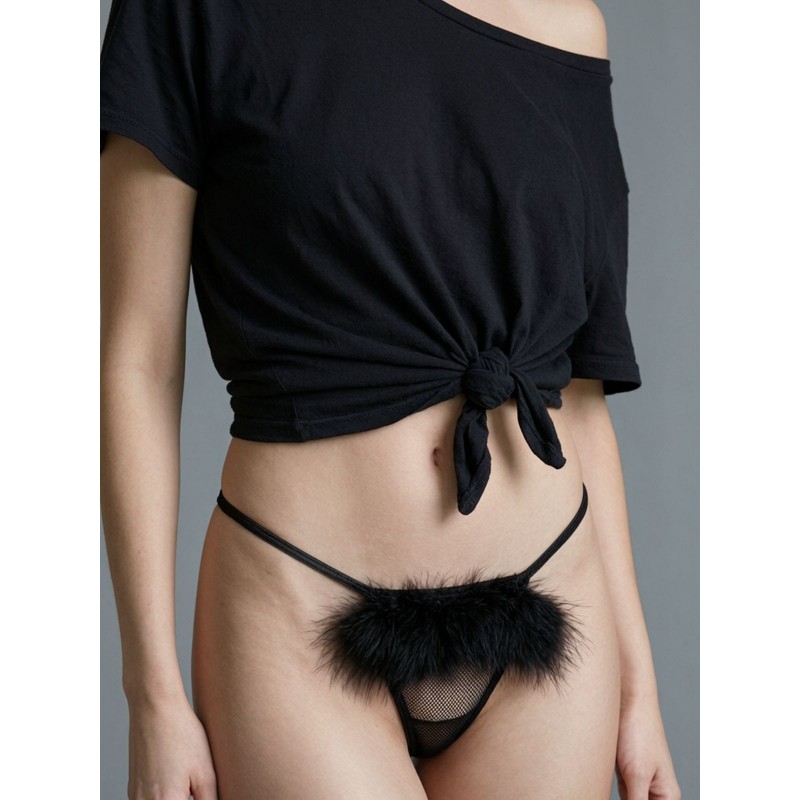 Διχτυωτό G-string με Γουνάκι - Μαύρο (060122-Μαύρο)